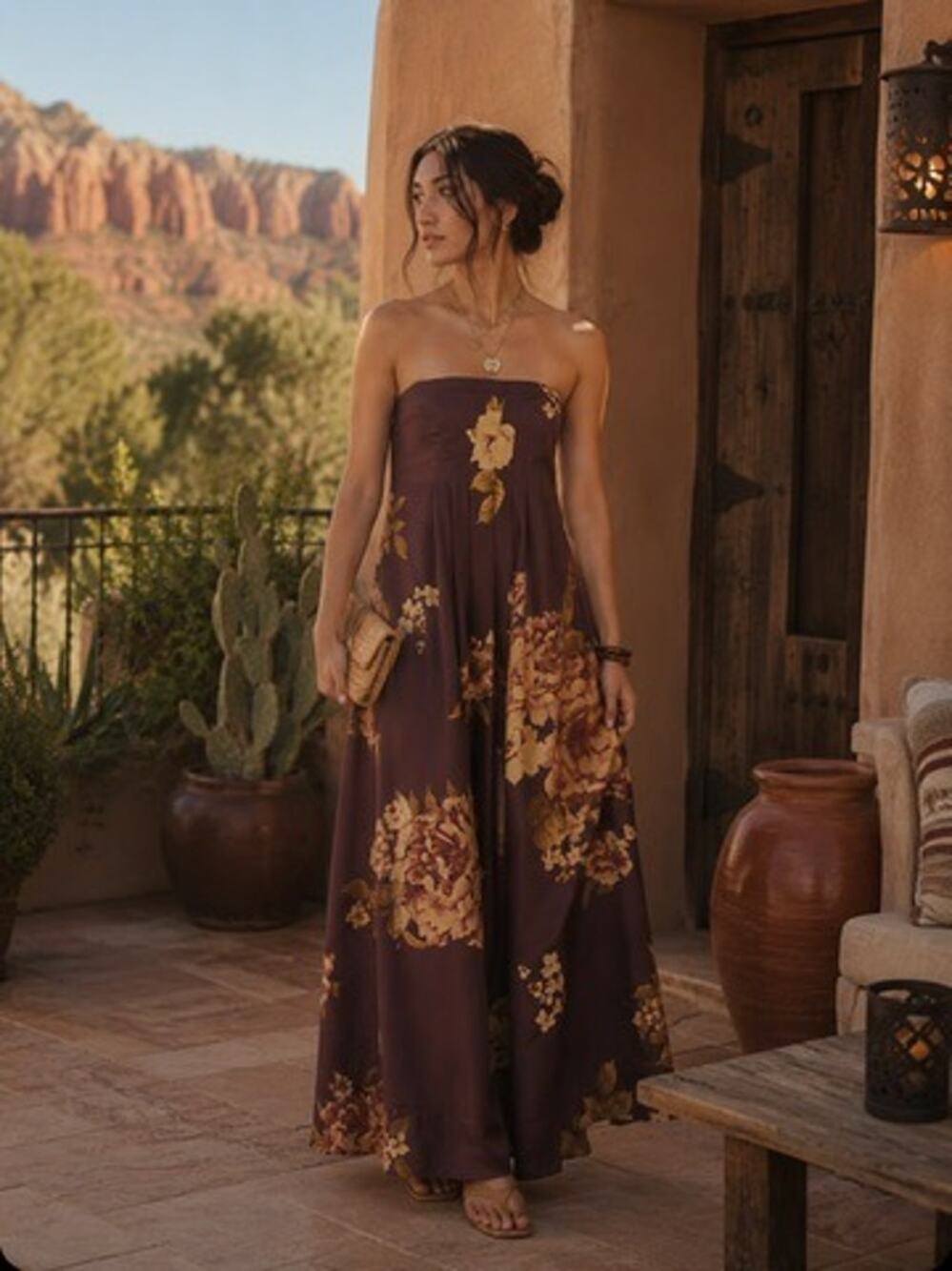 Free People Botanical Maxi Dress, Wine Combo, EUC, Size XS